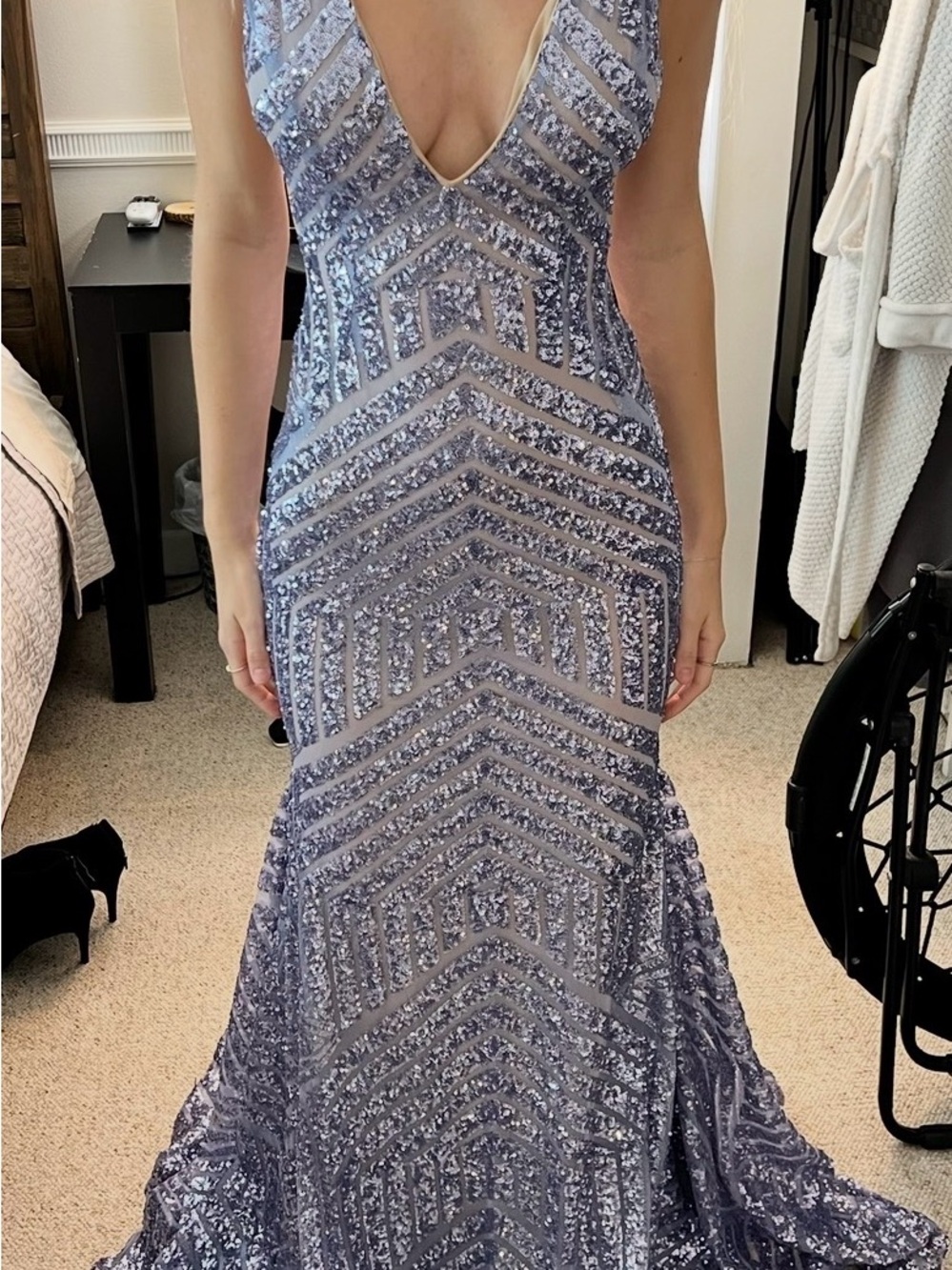 Jovani Mermaid Lavender Sequin Prom Dress with Deep V